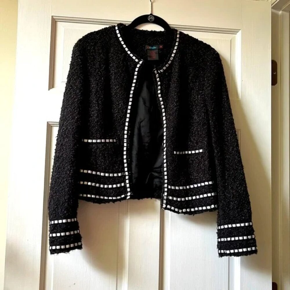 Cropped Black Bouclé Blazer with Square Mirror Trim